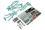 Kyosho peppermint green roll cage parts, metal panels, decal sheet, and hardware for Javelin RC buggy.