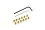 A set of twelve small brass pivot balls and two L-shaped hex wrenches on a white background.