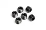 A set of six black metal grub screws with hexagonal sockets arranged on a white background.