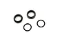 Two gunmetal grey aluminium threaded spring adjusters and two black rubber O-rings for Kyosho RC cars.