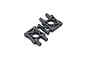 A pair of black plastic center differential mounts for a Kyosho Inferno RC car, still attached to a small plastic sprue.