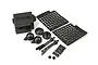 A Kyosho receiver box set including a black plastic receiver box, two mesh mud guards, and various mounting hardware components on a white background.