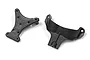 Two black plastic Kyosho Outlaw Rampage front upper cover and shock tower parts shown from different angles.