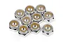 A cluster of ten silver-coloured 4mm nyloc nuts with tan nylon inserts, arranged on a white background.