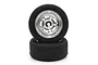 Two Kyosho 1.9-inch vintage touring car wheels with black rubber tyres and chrome-plated Rostyle-style rims stacked on a white background.