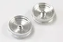 Two Kyosho 2.0-inch satin chrome front RC rims shown from a high-angle view on a white background.