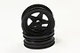 Two black 5-spoke RC car rims stacked on a white background.