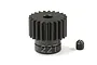 A dark grey steel 22-tooth RC pinion gear with a matching grub screw on a white background.
