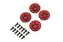Four red anodized aluminium wheel hexes and ten small black screws arranged on a white background.