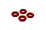Four red anodized aluminium serrated wheel nuts for RC vehicles arranged on a white background.