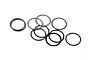 A collection of ten thin, circular metal washers scattered on a plain white background.