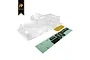 A clear, unpainted polycarbonate RC truck body shell for the Hobby Plus Harvest, shown with a decal sheet on a white background.