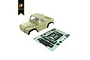 A light yellow Hobby Plus 1/24 scale Defender pickup truck body shell with a matching decal sheet on a white background.