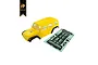 A yellow Hobby Plus 1/18 scale Kratos RC crawler body shell with black fender flares and an included decal sheet on a white background.
