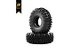 Two black rubber RC crawler tyres with aggressive tread patterns stacked on a white background with a Hobby Plus logo in the corner.