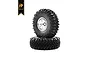 Two Hobby Plus 1.0 inch crawler wheels with aggressive tread pattern tyres and chrome rims stacked on a white background.