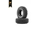 Two black rubber RC crawler tyres stacked on a white background with the Hobby Plus logo in the top left corner.