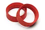 Two red foam tyre inserts for RC car wheels, shown against a plain white background.