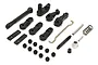 A collection of black plastic servo saver parts, metal rods, a spring, and small hardware for a Kyosho Fazer RC car.