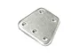 A silver-coloured metal front suspension plate for a Kyosho 1/10 Outlaw Rampage RC car, featuring five pre-drilled mounting holes.