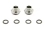 Two silver metal front wheel hubs and four small black washers for Kyosho 1/12 Fantom RC car.