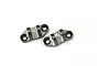 Two gunmetal grey aluminium front upper pivot mounts for a 1/10 scale RC car, marked with L and R for left and right orientation.