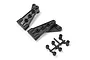 Two black plastic rear shock tower components and a small parts tree for the Kyosho 1/10 Outlaw Rampage RC car.
