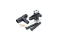 A Kyosho servo saver set for 1/8 scale RC cars, including black plastic steering arms, metal posts, and small brass bushings on a white background.