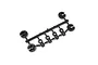 A black plastic parts tree containing three shock spring cups and three shock ends for a Kyosho RC vehicle.