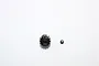 A black GPM Racing 14T 0.6Mod pinion gear with a small grub screw on a white background.