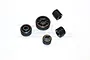 A set of four black hardened steel differential gears for an Axial SCX10 II RC car, arranged on a white background with a faint GPM Racing logo.