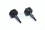 Two black hardened steel portal drive output spindle gears for RC cars against a white background.