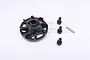 GPM Racing black aluminium spur gear adapter with three mounting screws and a small metal pin on a white background.