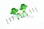 A pair of bright green anodized aluminium steering hubs for an RC car, accompanied by six small metal screws, set against a white background.