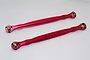 Two red anodized aluminium steering linkages with metal ball ends, positioned diagonally on a plain white background.