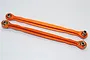 Two orange anodized aluminium steering linkages with metal ball ends, viewed from above against a white background.