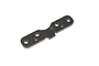 A black anodized aluminium suspension holder part for a Kyosho RC car, featuring multiple mounting holes and a central cutout.
