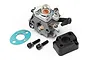 A Maverick RC carburettor set for Blackout MT including the carburettor, a black plastic intake spacer, two mounting bolts, and a green gasket.