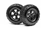 Two black RC car wheels with knobby off-road tires and six-spoke rims, isolated on a white background.