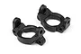 Two black plastic front steering hub carriers for a 1/10 scale RC car, shown from a high-angle perspective on a white background.