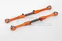 Two GPM Racing orange aluminium and dark steel steering rods for RC cars, featuring adjustable ends and ball joints, displayed against a white background.