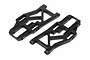 Two black plastic front lower suspension arms for a 1/10 scale RC car, shown from an angled top-down perspective.