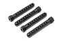 Four black plastic RC body posts with multiple adjustment holes arranged diagonally on a white background.
