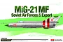 Academy 1/48 scale MiG-21MF Soviet Air Forces & Export plastic model kit box art showing a side profile of a silver fighter jet with red markings.