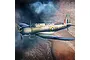 An artistic illustration of a V-156-B1 Chesapeake military aircraft flying over a rugged landscape with dark, stormy clouds in the background.