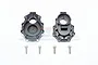 Two black aluminium GPM Racing rear inner portal drive housings with four silver screws on a white background.