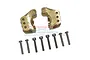 Two brass front suspension link axle mounts for an RC car, accompanied by eight metal screws, displayed against a white background.