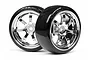 Two HPI Racing RC drift wheels with smooth black tyres and chrome 6-spoke rims against a white background.