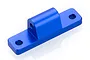 A blue anodized aluminium rear chassis brace mount for an RC car, featuring a central pillar with a threaded hole and two mounting holes on the base.