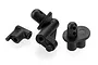 Three black plastic RC car body mount components arranged on a white background.